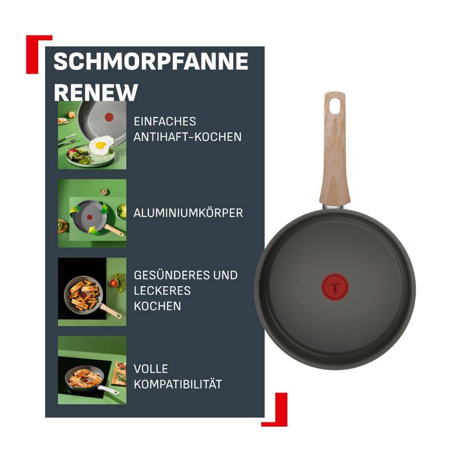 Renew, Schmorpfanne 24 cm +Deckel, Antihaft-Keramikbeschichtung