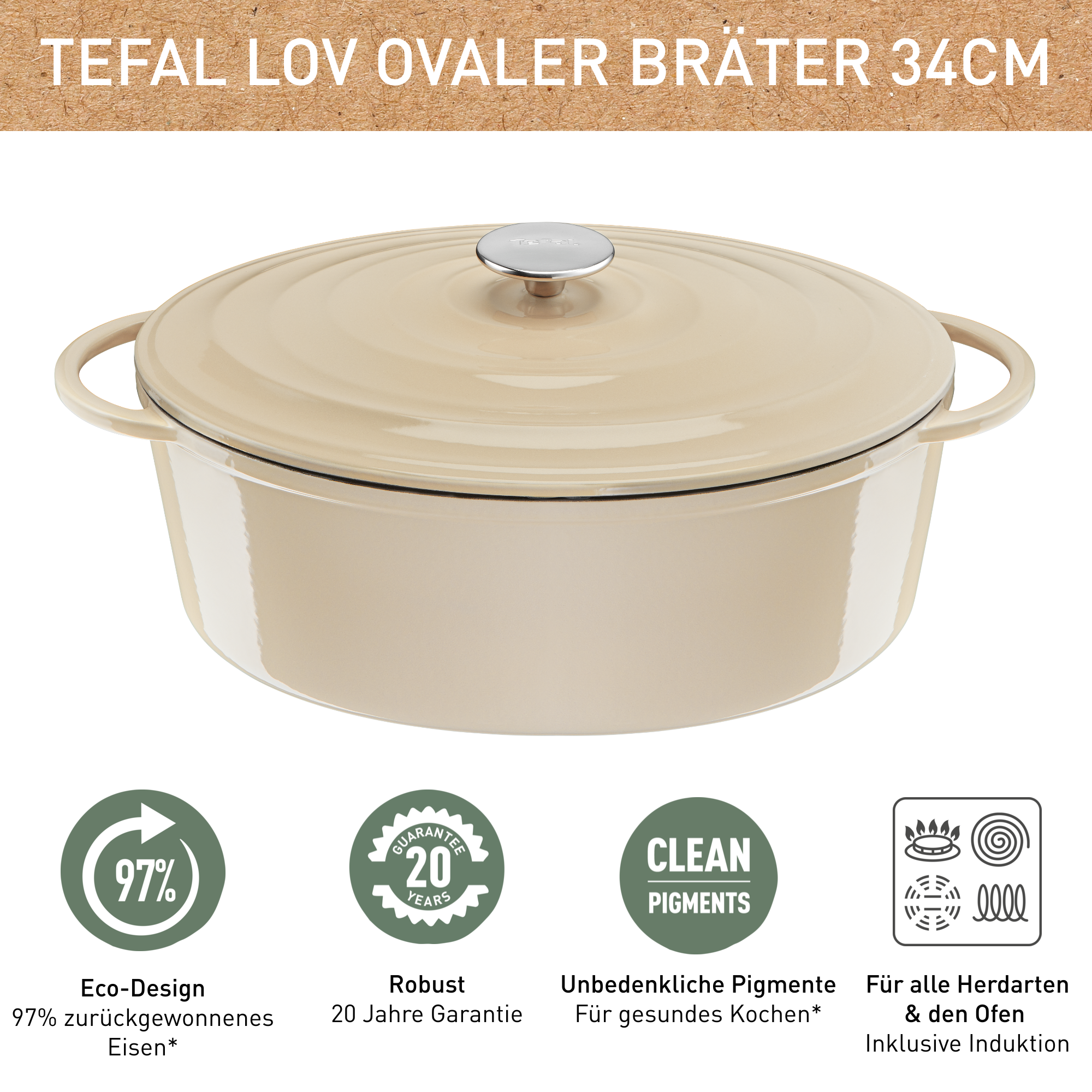 Lov Gusseisen Ovaler Bräter 34cm beige E25806