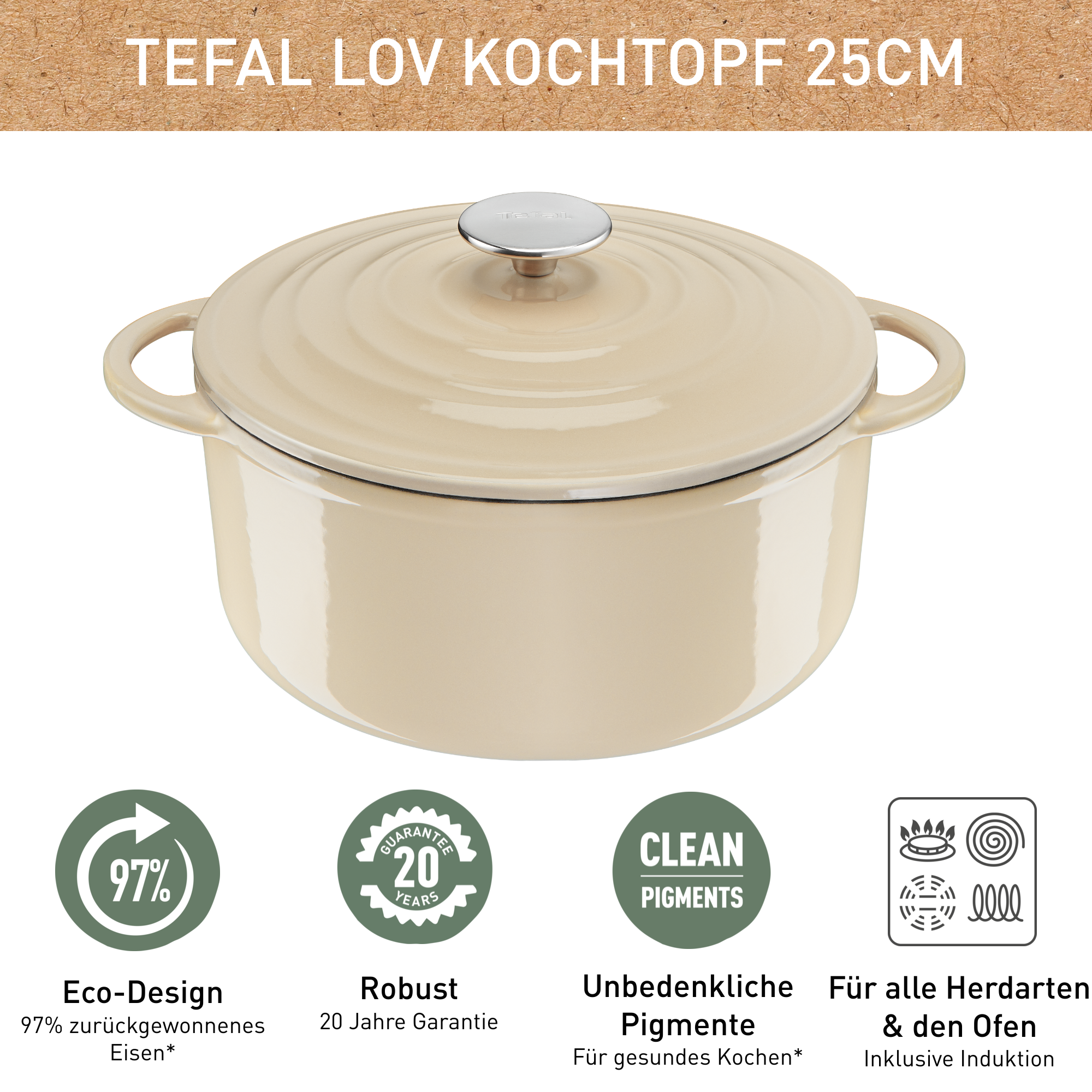 Lov Gusseisen Kochtopf 25cm beige, E25904