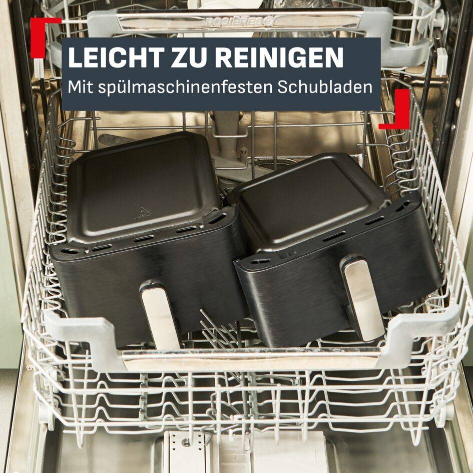 Easy Fry Crispy Stack, Doppelkammer-Heißluftfritteuse, platzsparend und kompakt