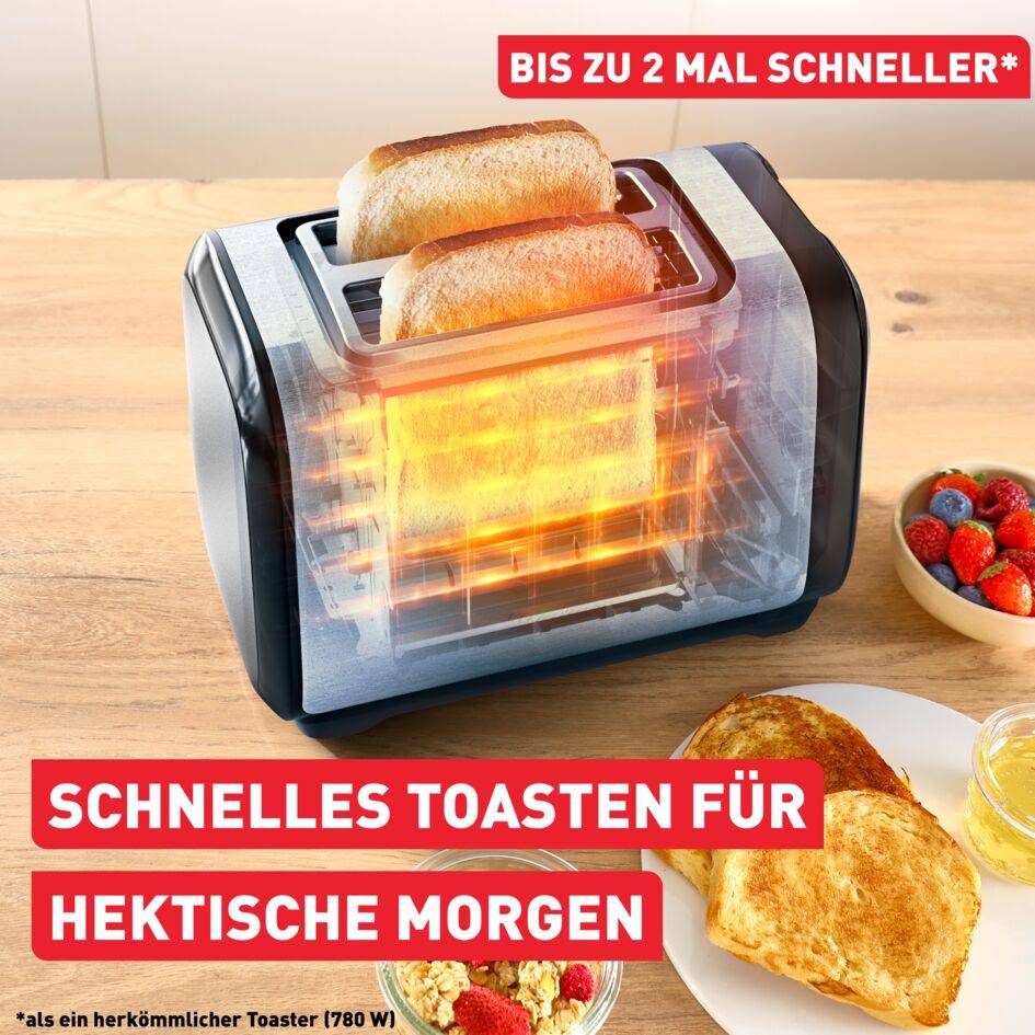 Subito, 2-Scheiben-Toaster mit Brötchenaufsatz, schnelleres Toasten, Schwarz & Inox