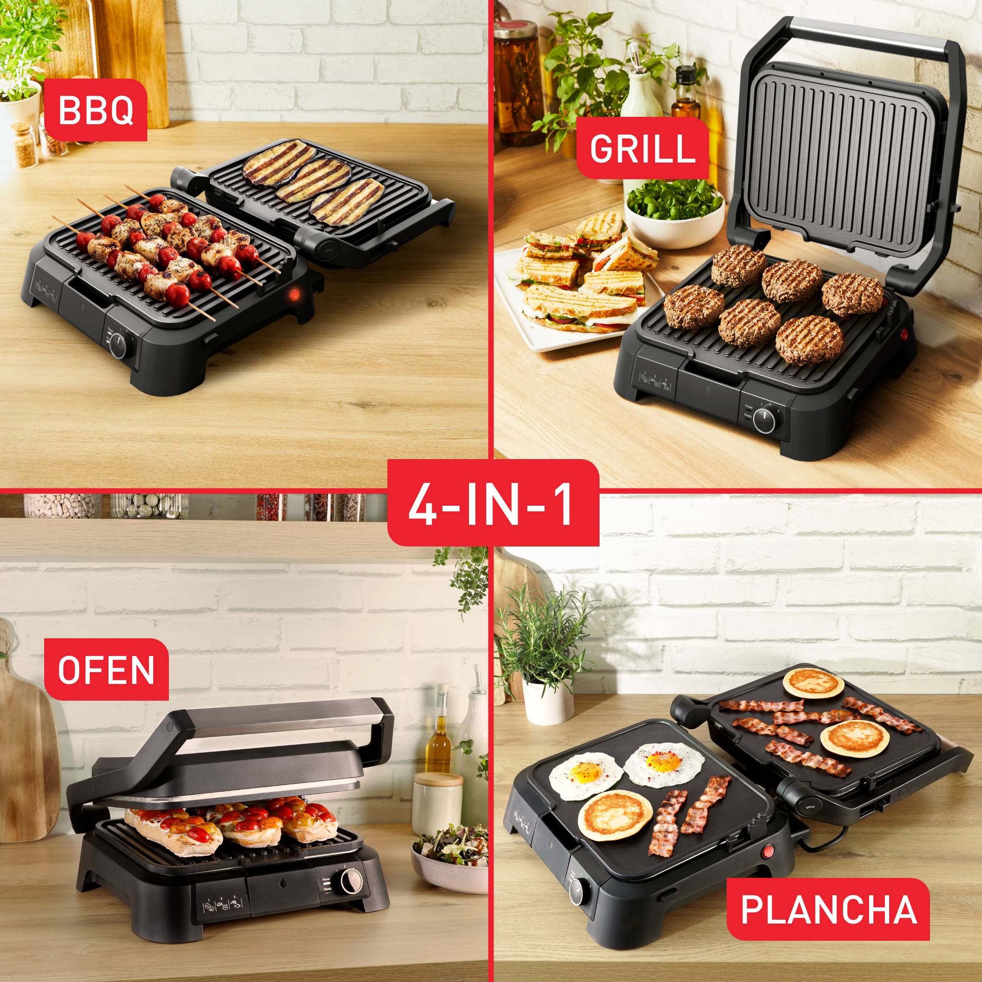 SuperGrill 4in1, Kontaktgrill, Barbecue- & Ofenposition, Plancha