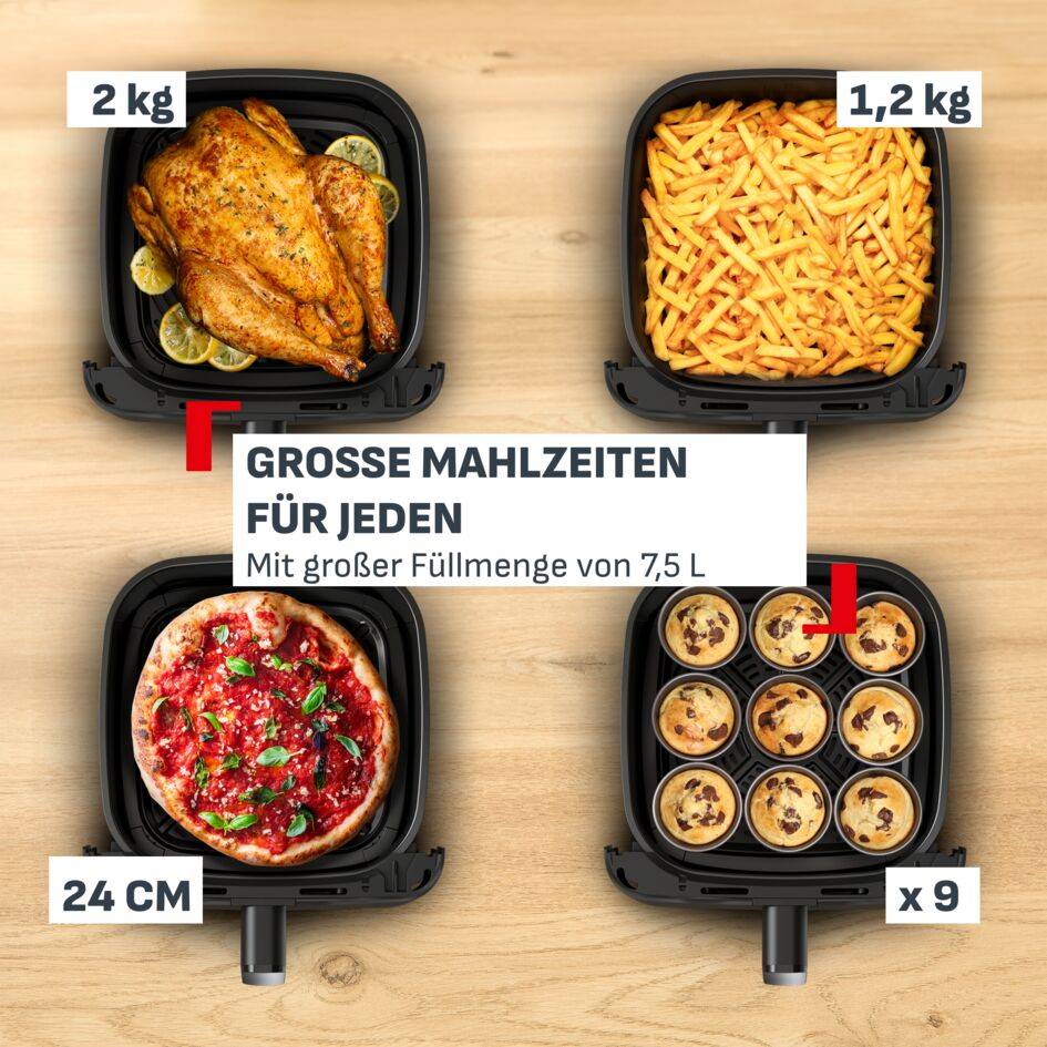 Easy Fry Mega Compact, Heißluftfritteuse, XL 7,5 L Füllmenge, XS-Größe