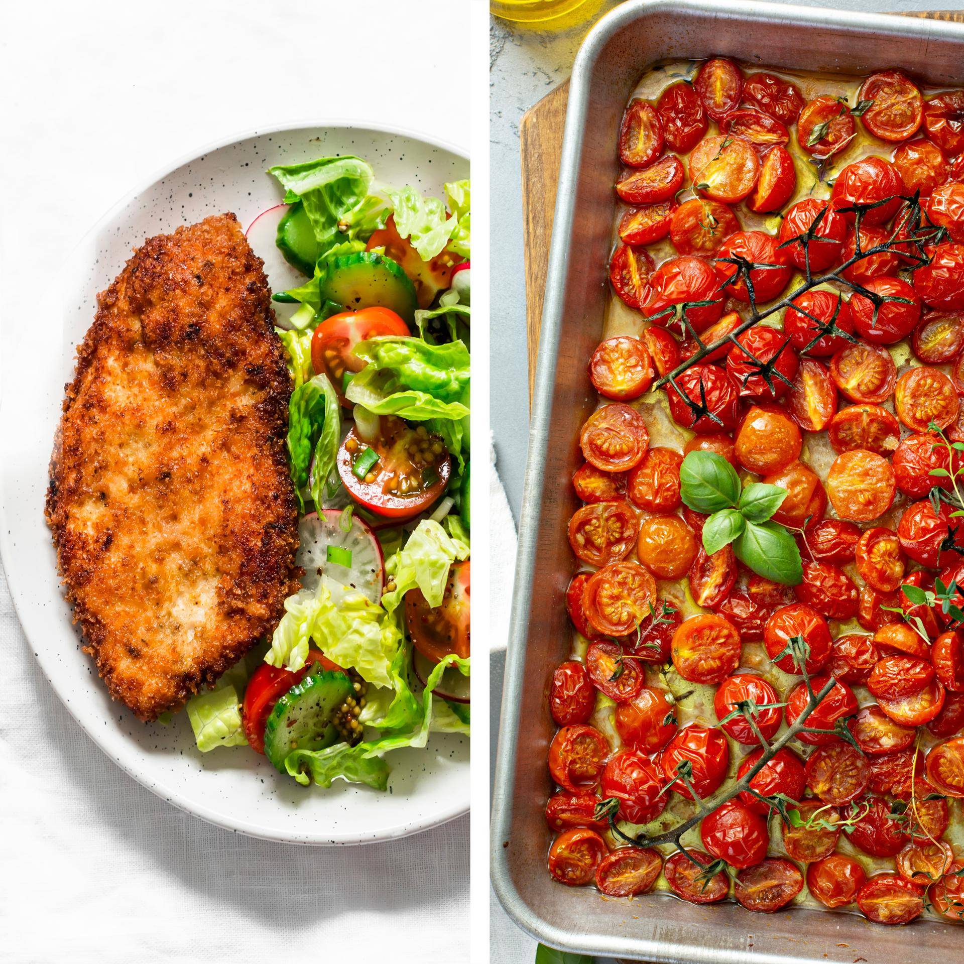 Hähnchen Milanese, mediterraner Salat und geröstete Kirschtomaten - Rezepte Dual EasyFry&Grill | Tefal