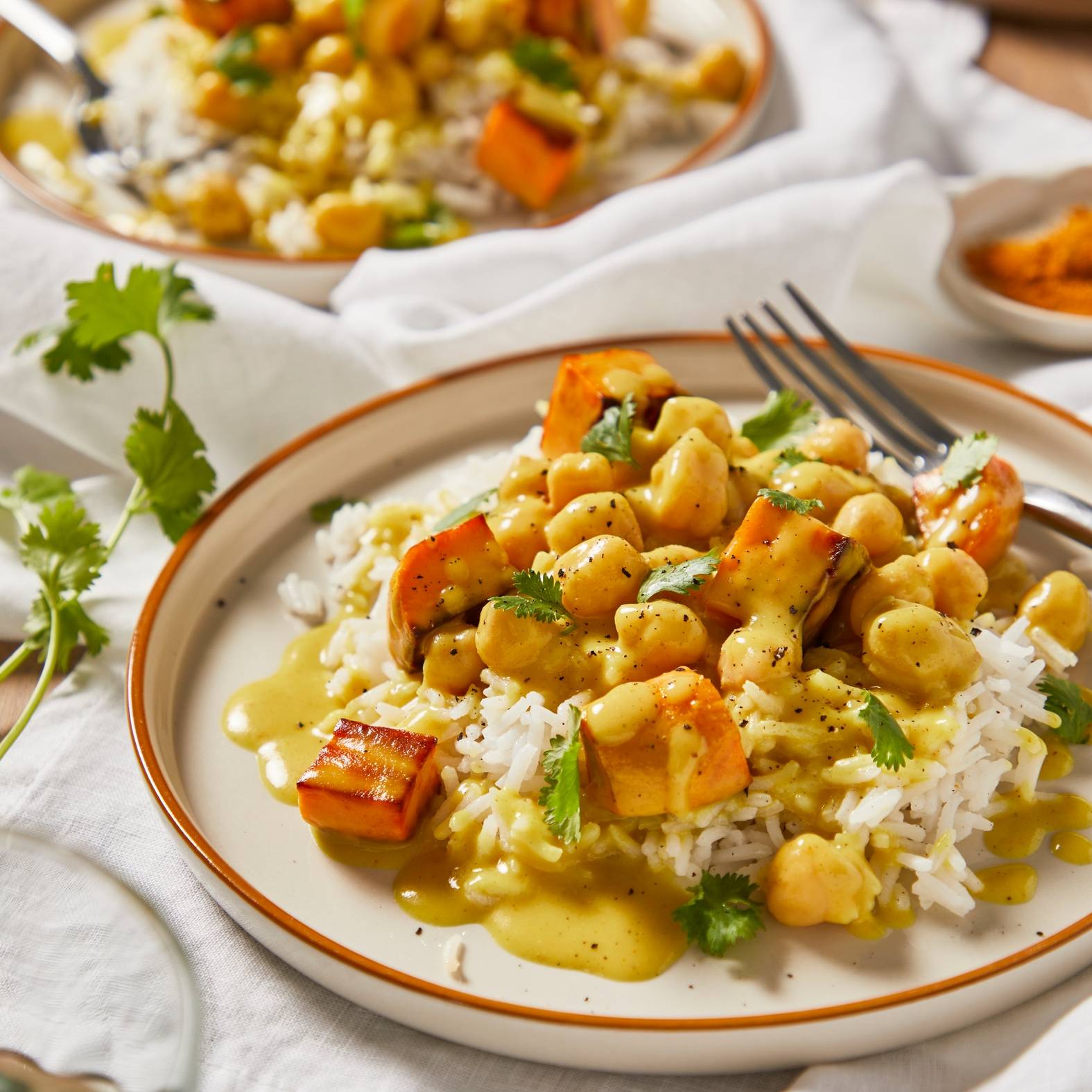Süßkartoffel und Linsen Curry mit Kokusnussmilch und Basmati Reis - Rezepte Pfannen & Töpfe | Tefal