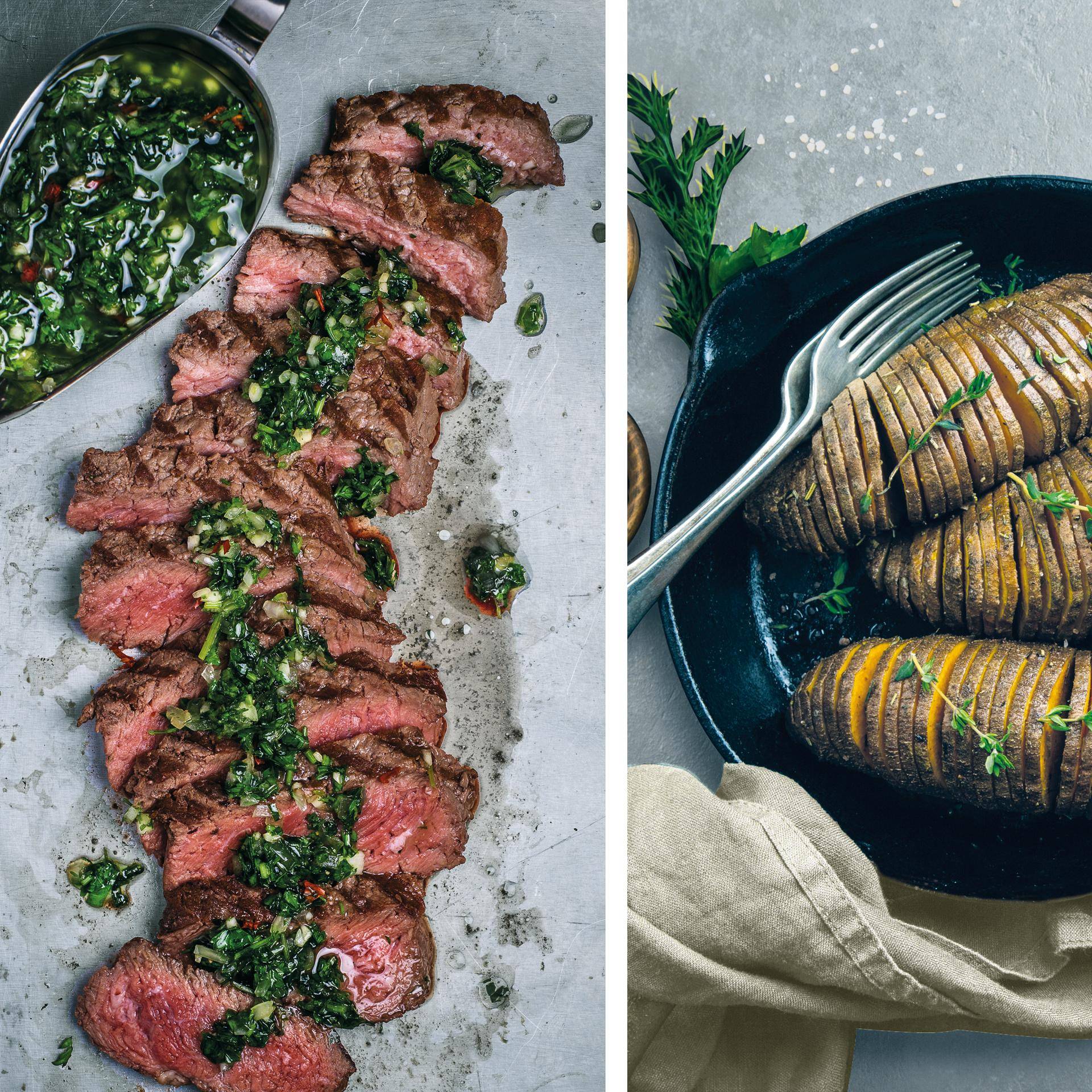 Chimichurri-Steak und Hasselback-Süßkartoffeln - Rezepte Dual EasyFry&Grill | Tefal