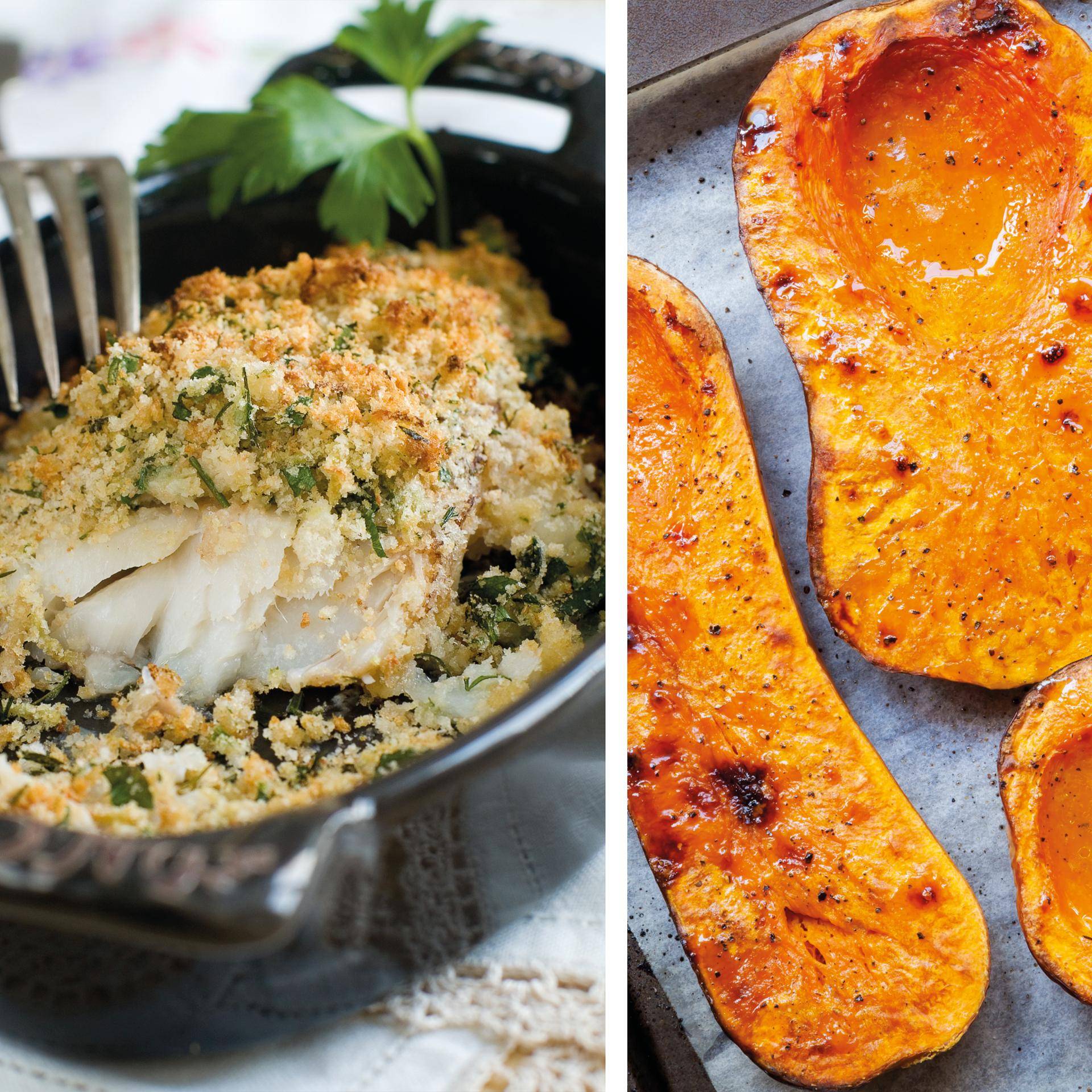 Geröstete Kürbishälften mit Pistazienkruste auf Seebarsch - Rezepte DUAL EASY FRY XXL | Tefal