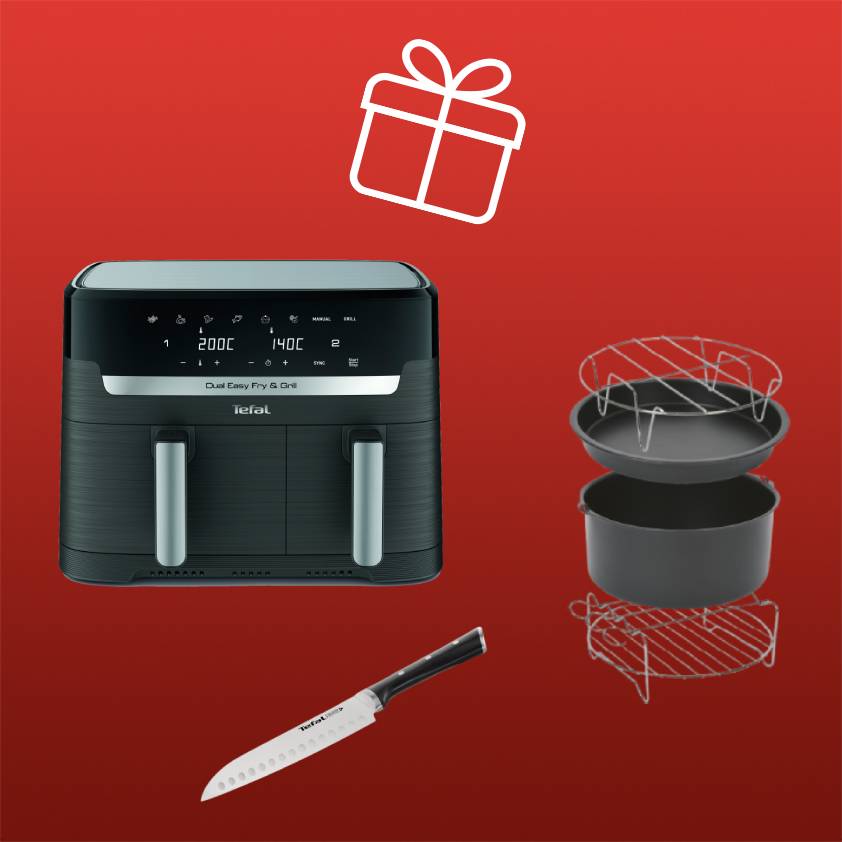 Dual Easy Fry & Grill im Set mit passendem Zubehör und Ice Force Messer