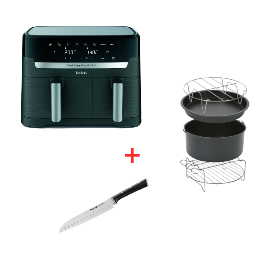 Dual Easy Fry & Grill im Set mit passendem Zubehör und Ice Force Messer